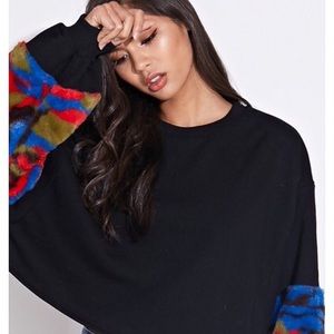 Camo Fur Sleeve Crop Sweater